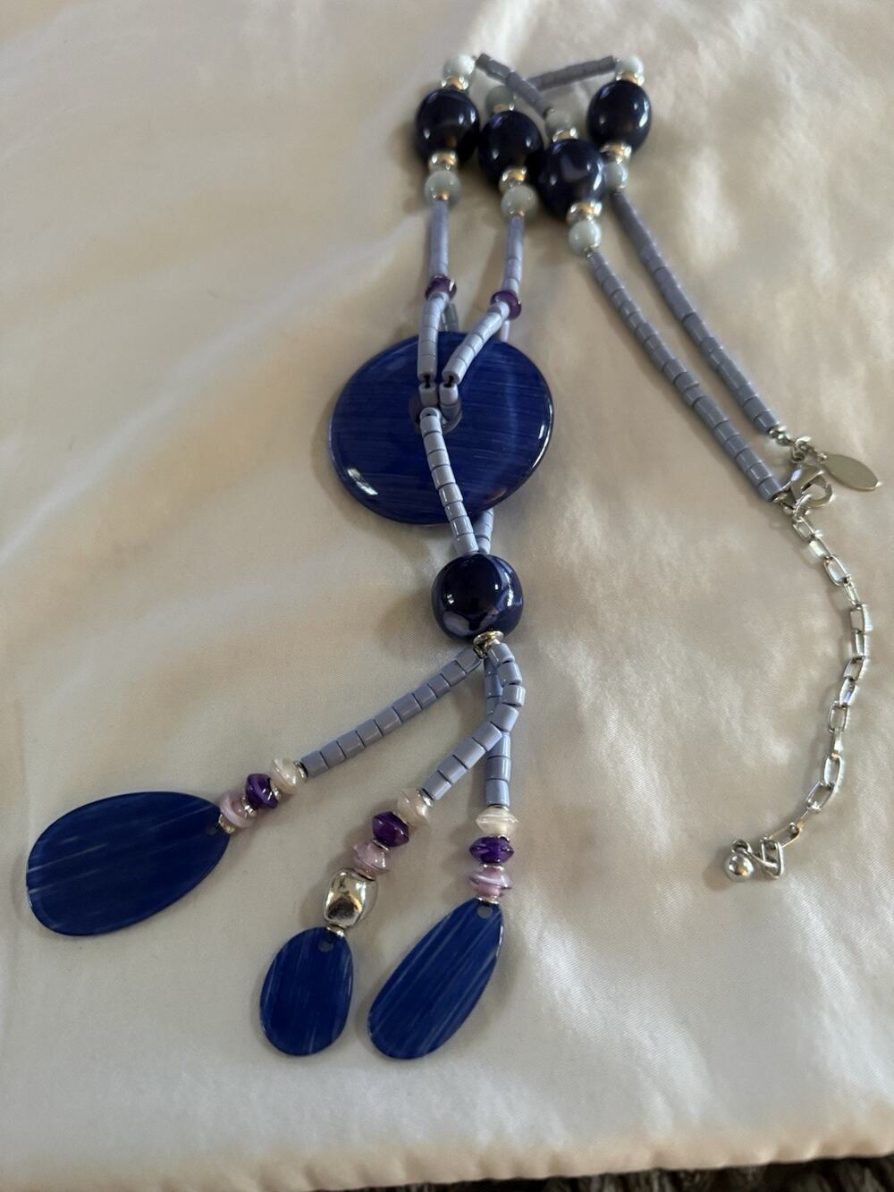 Chicos Statement Necklace Beads Blue Circle Charm Silver Tone